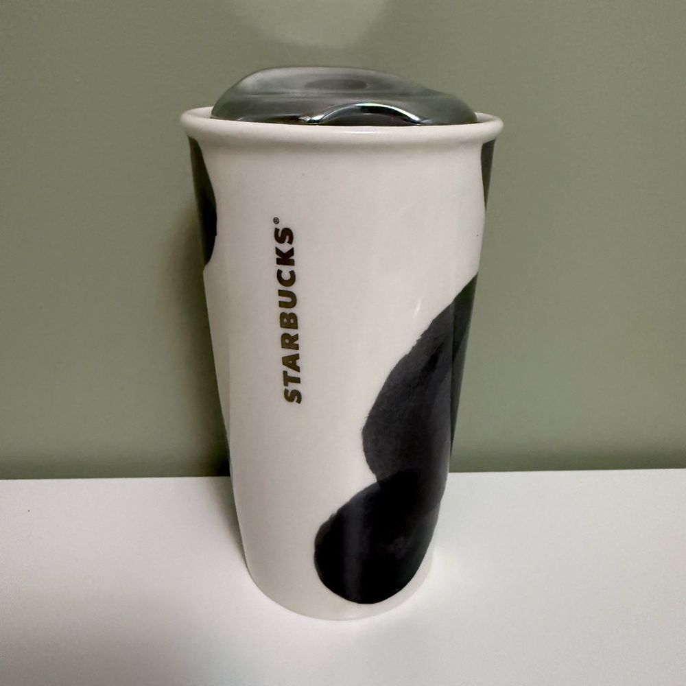 Starbucks Black & White Polka Dot Travel Tumbler 2014 Ceramic 10oz Black Lid